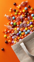 Flat lay of Halloween candy spilling holiday concept
