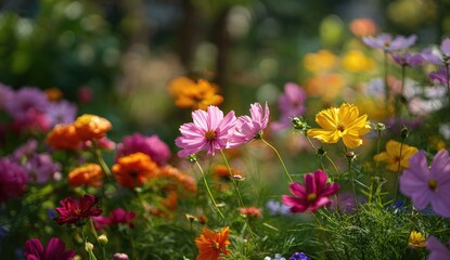 Vibrant colorful cosmos flowers in a garden setting