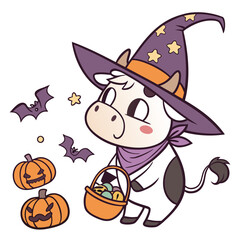 Spooky Fun colored Cow with a Peaceful touch, placed in a Halloween theme and styled with with a scarf