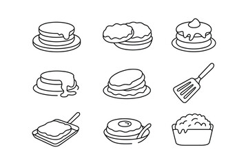 Stacked pancakes with syrup and butter spatula and bowl of batter vector