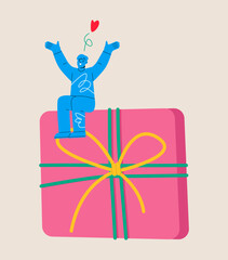 Man sitting on a big gift. Colorful vector illustration
