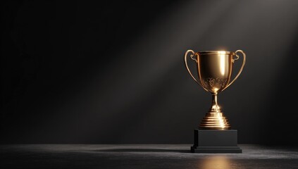 Golden trophy on dark background, spotlight