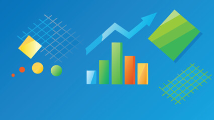 Illustration of a bar graph with an arrow pointing upwards and geometric shapes on blue background