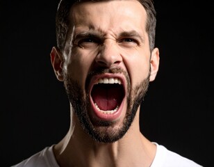 A dramatic, high-contrast close-up of a man's face, mouth wide open in a silent, furious scream