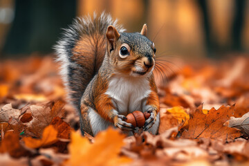 Obraz premium Squirrel standing in leaves.