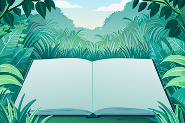 Open Book Surrounded by Lush Tropical Jungle Foliage for Educational Blogs, Storytelling Websites, Nature Awareness Campaigns, and Creative Design Projects  