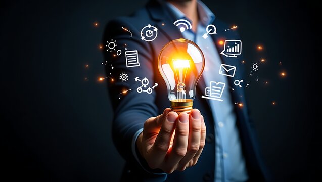 Man holding a glowing light bulb representing innovation and new ideas surrounded by technology icons for business growth and strategy