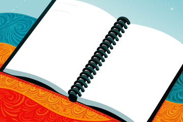 Spiral Notebook on Colorful Swirling Background for Creative Blogs, Educational Websites, Stationery Promotion, and Art Projects  
