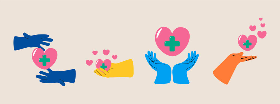 Set of hands giving heart. World Organ Donation Day. Colorful vector illustration