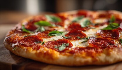 Close-up of pepperoni pizza on wooden board