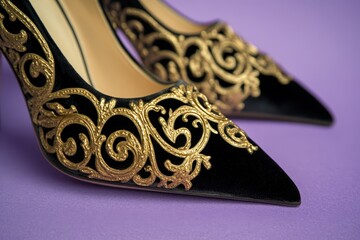 Elegant black heels with intricate gold embellishments.