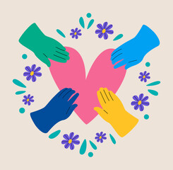 Diversity human hands holding heart. Sharing love. Colorful vector illustration