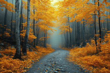 Obraz premium Yellow leaves blanket a forest path, creating a vibrant autumn scene.