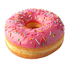 Delicious pink frosted donut with colorful sprinkles on a black background