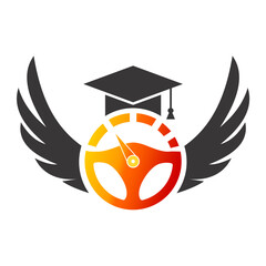 Car steering wheel with education hat incorporating vector logo