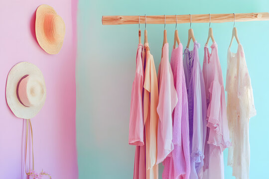 Wooden clothes rack with summer women's clothes of different colors and straw hats. - Powered by Adobe