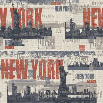 Abstract seamless pattern on urban theme with Statue of Liberty in New York with city architecture and newspaper clippings background in grunge style. Wallpaper, fabric, t-shirt design. No AI used