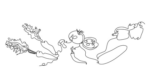 Vegetables in line art style, drawn with one line. Carrot, tomato, cucumber and pepper drawn with continuous line. Vector graphic illustration with one line drawing. Vegetable illustration, isolated.