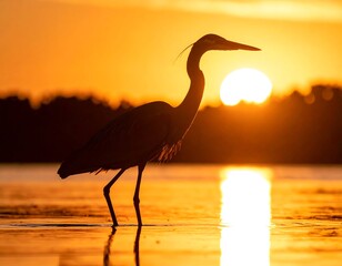 Heron Silhouette Bathed in Golden Sunset Light Standing in Reflective Waters