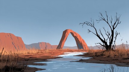 Fototapeta premium Desert landscape with a natural arch and a small stream.