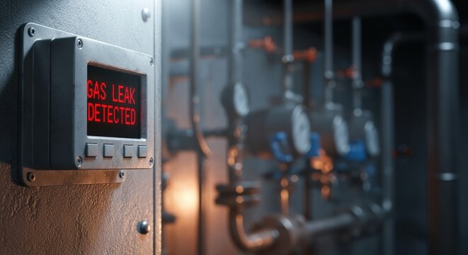 Closeup of hazardous gas alarm unit with outoffocus industrial pipes