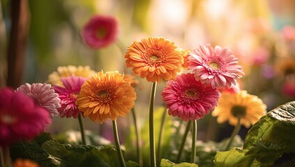 Vibrant gerbera daisies in soft focus, warm light