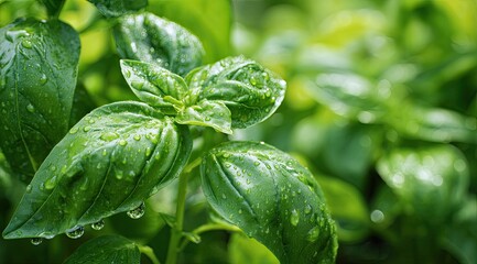 Close-up of fresh basil leaves covered in dew drops (1)