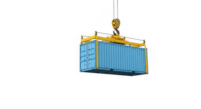 Ai generated image of blue shipping container being lifted by a crane isolated on transparent background