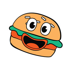 Happy Cartoon Hamburger with Big Eyes and Smile.