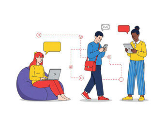 Young Adults Engaging with Devices in a Cozy Indoor Environment with Chat Bubbles and Connectivity Elements