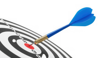 Ai generated image of blue dart hitting the bullseye on a target isolated on transparent background