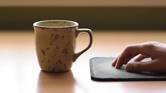 Textured mug on a table, with a hand touching a coaster
