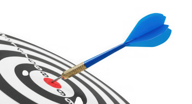 Ai generated image of blue dart hitting the bullseye on a target isolated on transparent background