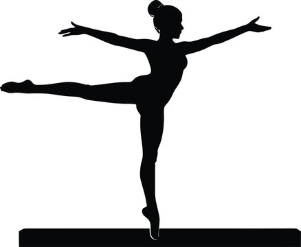 female gymnast silhouette balancing on beam in elegant pose vector illustration