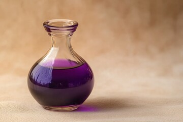 Glass bottle with a deep purple liquid.