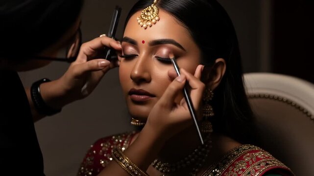 Woman With Gold Jewelry Having Makeup Applied Eyes Closed Dark Brown Background