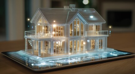Holographic house model on a tablet, lit by interior glow,  digital rendering