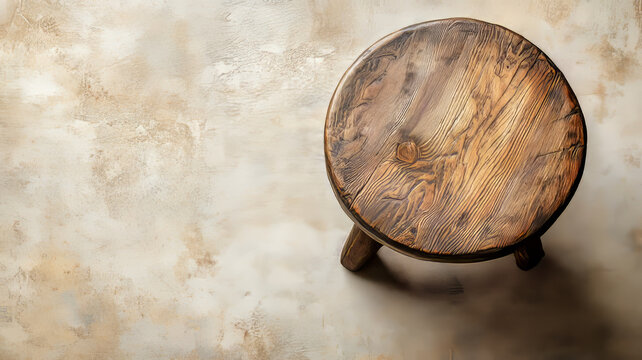 Wooden stool on textured background, top view.