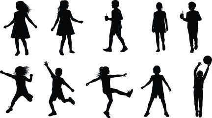 Silhouettes of children jumping, playing, drinking, black and white vector illustration, kid activity, outdoor lifestyle, happy movement, creative art