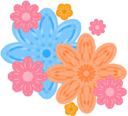 Blue and Orange Decorative Flowers Mixed with Pink and Yellow Blossoms in Playful Pastel Colors