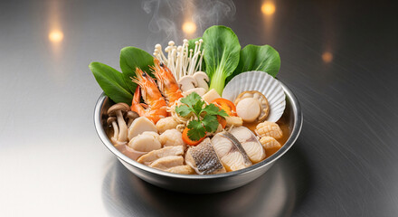 A bowl of sukiyaki with mixed seafood on a stainless table