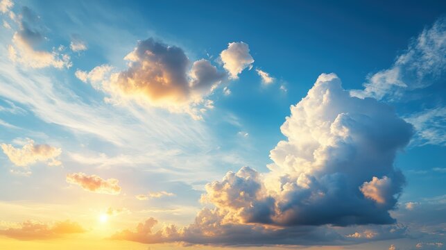 Beautiful bright blue sky with fluffy white clouds and golden sunlight du sunset or sunrise