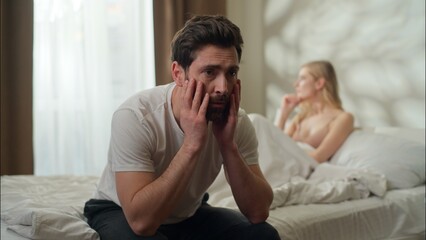 Sad Caucasian man suffering boyfriend girlfriend thinking conflict couple argument partners...