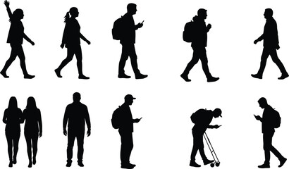 Silhouettes of diverse individuals walking, using mobile phones, interacting, modern lifestyle, city movement, urban technology, vector illustration, black and white