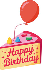 A festive slice of birthday cake with pink frosting, colorful candy toppings, and a floating red balloon.