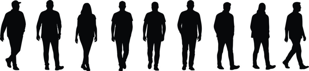 Silhouettes of diverse people walking, casual urban attire, group movement, social interaction, black vector art, isolated white background design