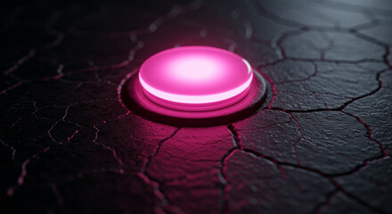 Glowing Pink Energy Button on Cracked Black Surface – Futuristic Power Concept