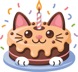 A cute cartoon birthday cake shaped like a cat's head with a lit candle and confetti.