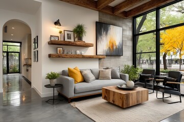Fototapeta premium Open concept modern living room with grey sofa, black metal chairs, wooden floating shelves, colorful wall art, concrete floor, and natural light