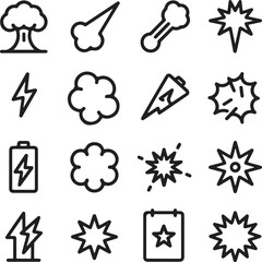 A diverse set of black line icons symbolizing energy, power, and explosions. A collection of visual metaphors for force, impact, and shockwaves.